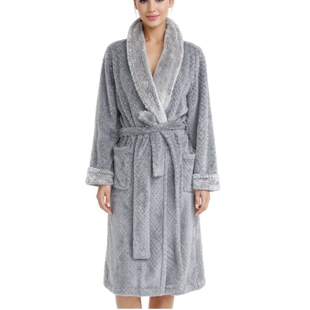 Carole Hochman Grey Plush Robe Faux Fur Collar Textured Soft Spa Bathrobe Large